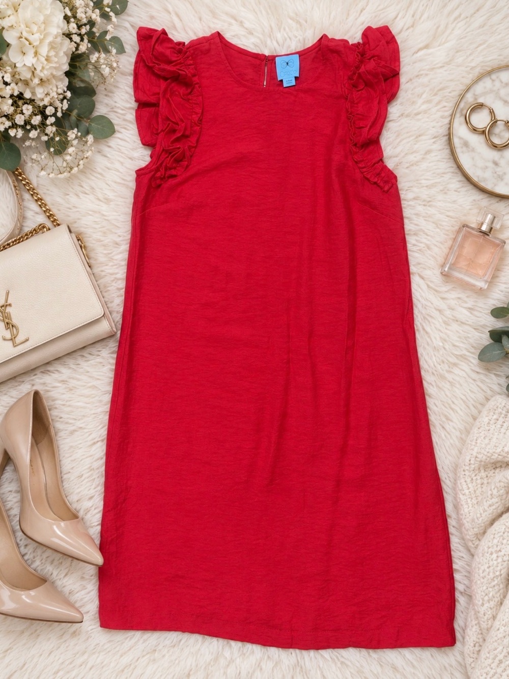 CeCe Red Ruffle Sleeve Shift Dress Elegant Romantic Chic